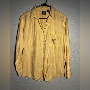 Vintage GAP Yellow Linen/Cotton Button Up with Floral Embroidery